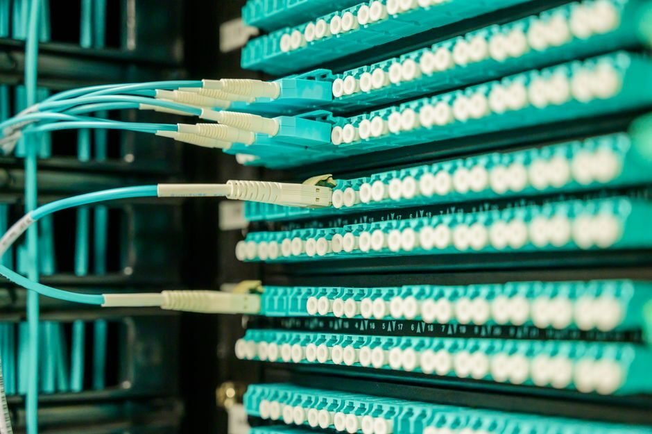 Fiber optic patch cables plugged into a network patch panel