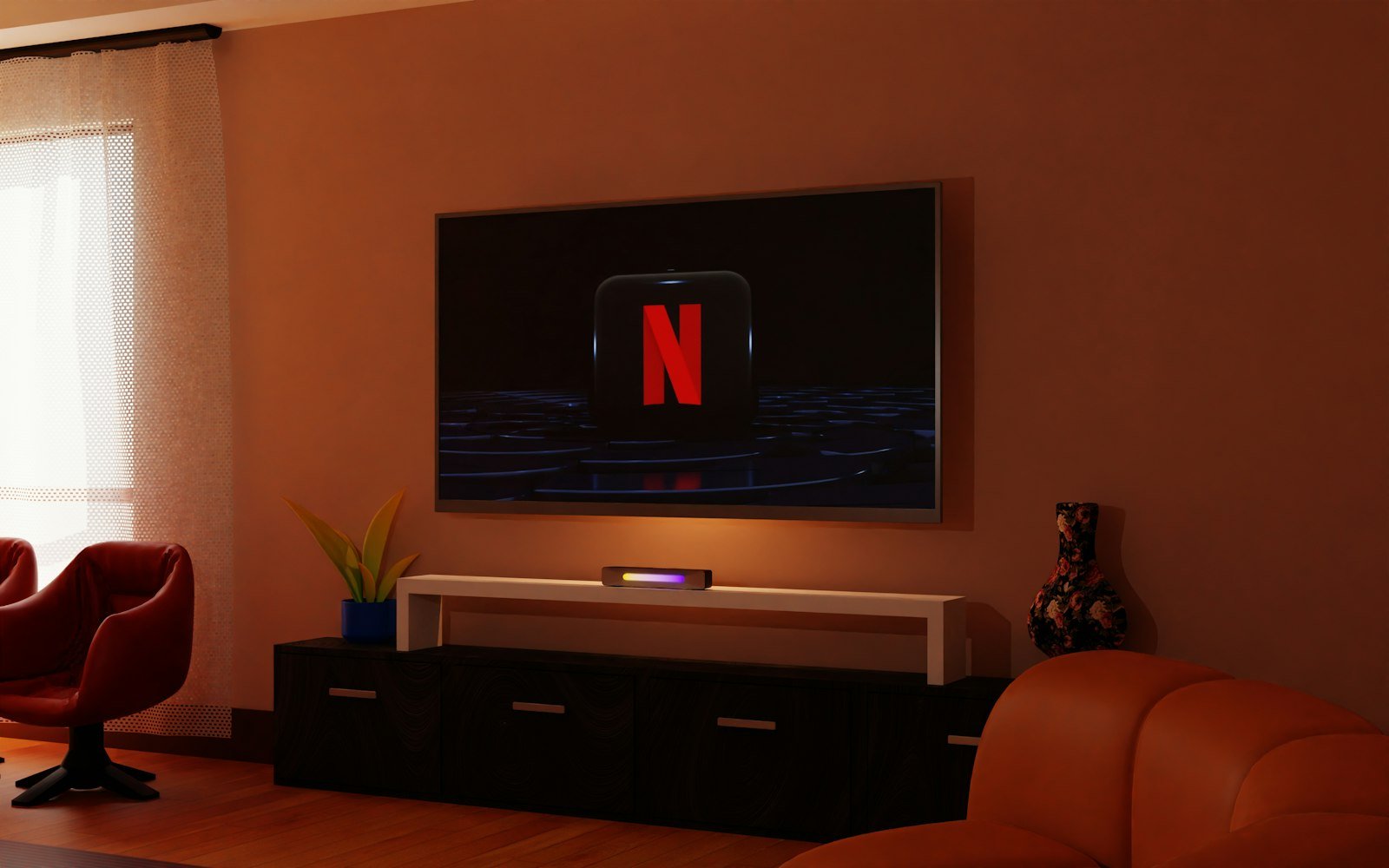 Living room with a flat screen TV streaming, one of many smart home bandwidth uses