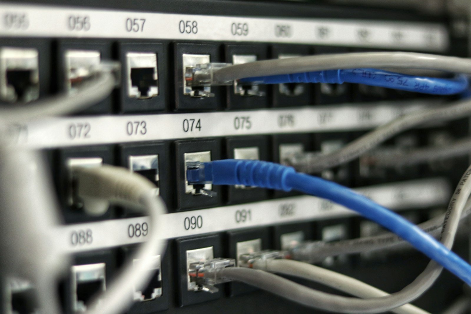 Blue ethernet cable used to test a wired connection for latency under load